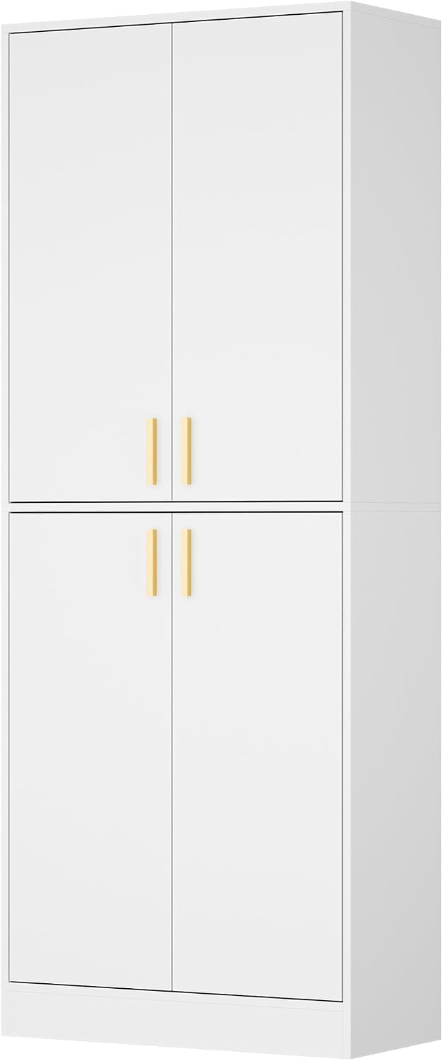 Cozy Castle Kitchen Pantry Cabinet, 71" Tall Wood Storage Cabinet with Doors and Shelves 4 Doors Freestanding Cupboard for Dining Room Living Room Furniture, White