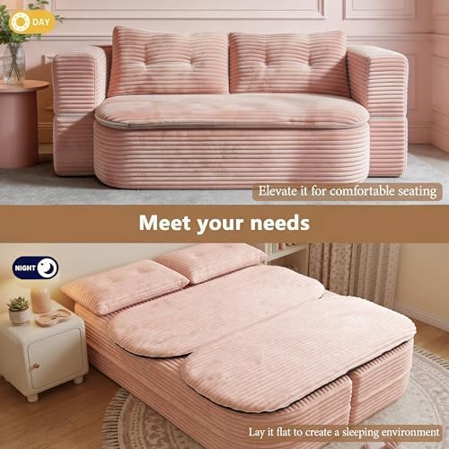 78.7" Futon Sofa Bed, Memory Foam Convertible Couch, Pink | Sophisticated comfort with premium corduroy, one-flip conversion, built-in blanket, and ergonomic support