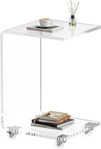 Acrylic Side Table with Wheels, Movable C Shaped Sofa Table with Storage, Rolling Nightstand, Clear End Table for Living Room, Bedroom, Office, Bedside, Couch