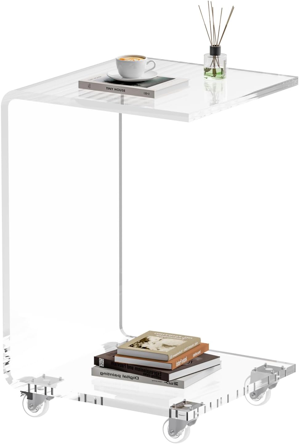Acrylic Side Table with Wheels, Movable C Shaped Sofa Table with Storage, Rolling Nightstand, Clear End Table for Living Room, Bedroom, Office, Bedside, Couch