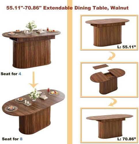 7-Piece Extendable Dining Room Set for 6, 55" - 71" Expandable Dining Table Set with 6 Tufted Upholstered Chairs, Mid-Century Modern Oval Dining Table Set for Home Holiday Gathering, Walnut
