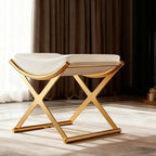 Vanity Stool No Assembly Required - Modern Makeup Chair with Champagne Gold X-Frame, Microfiber leatherCushioned Seat for Bedroom, Bathroom - Off-White Small Ottoman Bench