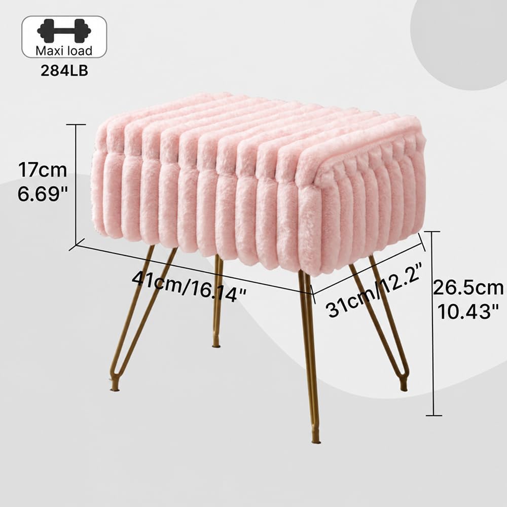 Faux Fur Storage Ottoman, Modern Soft Footstool, Storage Bench with Metal Legs, Vanity Seat, Fur Stool, Ottoman Coffee Table, Makeup Chair, Vanity Stools for Bedroom (Pink)