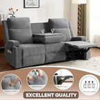 Chenille Reclining Sofa 3-Seater with Convertible Table, Storage Ottoman & Cup Holders | Modern Space-Saving Couch, Ergonomic Living Room Furniture (Gray)