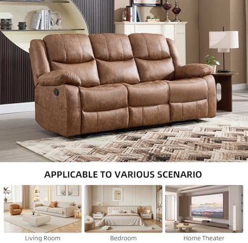 EBELLO Faux Leather Manual Reclining Sofa, Mid-Century Modern Overstuffed Armrest 3 Seat Recliner Sofa, Reclining Couch for Living Room, Meeting Room, Brown (3 Seat Sofa)