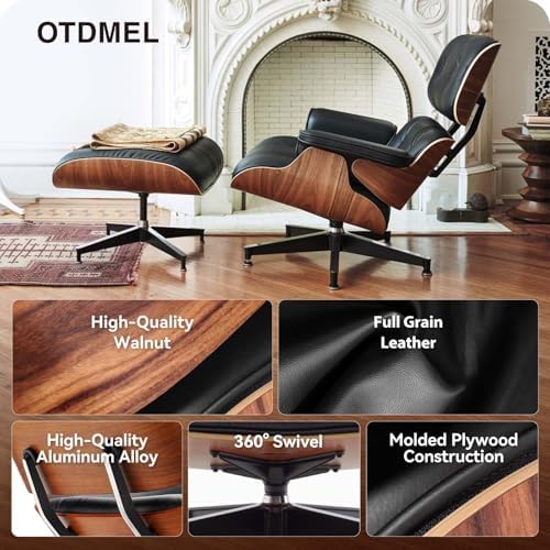 Mid Century Modern Top Grain Leather Chaise Lounge Chair & Ottoman | Modern Classic Recliner with Heavy Duty Base, Fixed Tilting for Living Room, Study, Lounge & Office, Walnut Black