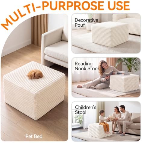 23in Square Pouf Ottoman, Large Corduroy Ottoman Foot Rest with Solid High-Density Foam, Removable Washable Cover, Soft Floor Foot Stool for Living Room, Bedroom, Beige