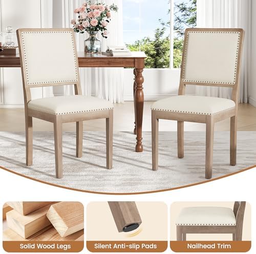 Dining Chair Set of 6, Mid Century Modern Upholstered Dining Room Chairs, Fabric High Back Kitchen Chairs with Nailhead Trim and Wood Legs for Living Room Kitchen Restaurant, Beige