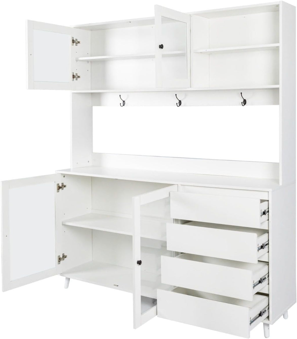 Modern White Kitchen Buffet and Hutch Storage Cabinet with Glass Doors, 4 Drawers, Open Shelves, and Hooks, Multifunctional Sideboard for Dining Room and Kitchen Organization