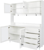 Modern White Kitchen Buffet and Hutch Storage Cabinet with Glass Doors, 4 Drawers, Open Shelves, and Hooks, Multifunctional Sideboard for Dining Room and Kitchen Organization