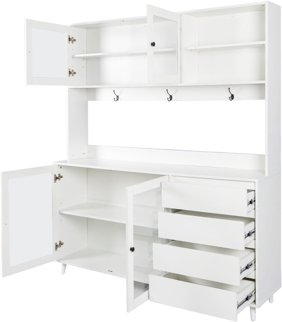 Modern White Kitchen Buffet and Hutch Storage Cabinet with Glass Doors, 4 Drawers, Open Shelves, and Hooks, Multifunctional Sideboard for Dining Room and Kitchen Organization