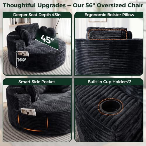 56''Oversized Round Chair Lounge Chaise Indoor with Cup Holders & Side Pocket, Corduroy Cloud Circle Single Deep Seat Chair, Modern Comfy Floor Sofa with Heart Pillows for Living Room,Bedroom