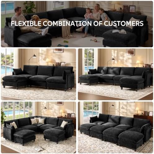 Ihanherry 139" Oversized V-Shaped Modular Sectional Couch, 9-Seater Cloud Sofa with Corner & Movable Ottoman, Large Cushions, Chenille Deep Seat Living Room Furniture Set,Black