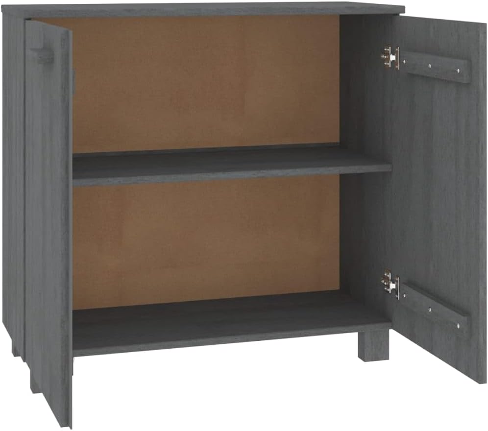 Dark Grey Solid Pine Wood Sideboard with MDF Large Storage, Rustic Style Furniture for Living Room Dining Area, 2 Doors and Built-in Shelves Organizer