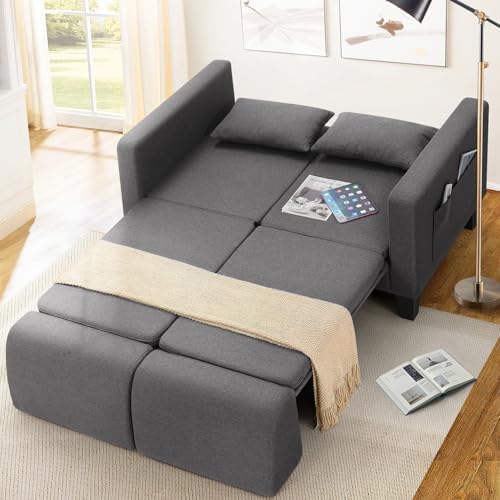SEJOV 6-in-1 Convertible Sofa Bed, 58" Loveseat Sleeper Sofas, Gray | Pull Out Couch Bed with Removable Backrest, Storage Pockets and 2 Pillows, Modern Folding Linen Futon Couch for Small Spaces