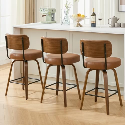 Swivel Bar Stools Set of 3, 26" Counter Height, Brown | Walnut Wood Legs, Upholstered Seat, Supportive Backrest, Easy-Clean Faux Leather, Mid-Century Modern, 4-Inch Cushion
