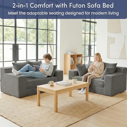 cidludto Couch Loveseat Sleeper, Convertible Sofa Bed Folding Couch Bed Foldable, 2 in 1 Chair Bed & Futon Sofa Bed, Small Pull Out Sofa with 4 Pillows for Living Room, Grey