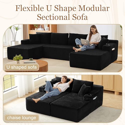 134 Inch Modular Sectional Sleeper Sofa, Cloud Couch for Living Room, U Shaped 5 Seat Sofa with 2 Storage Pockets& 2 Cup Holders, Free Combination, No Assembly Required (Black)