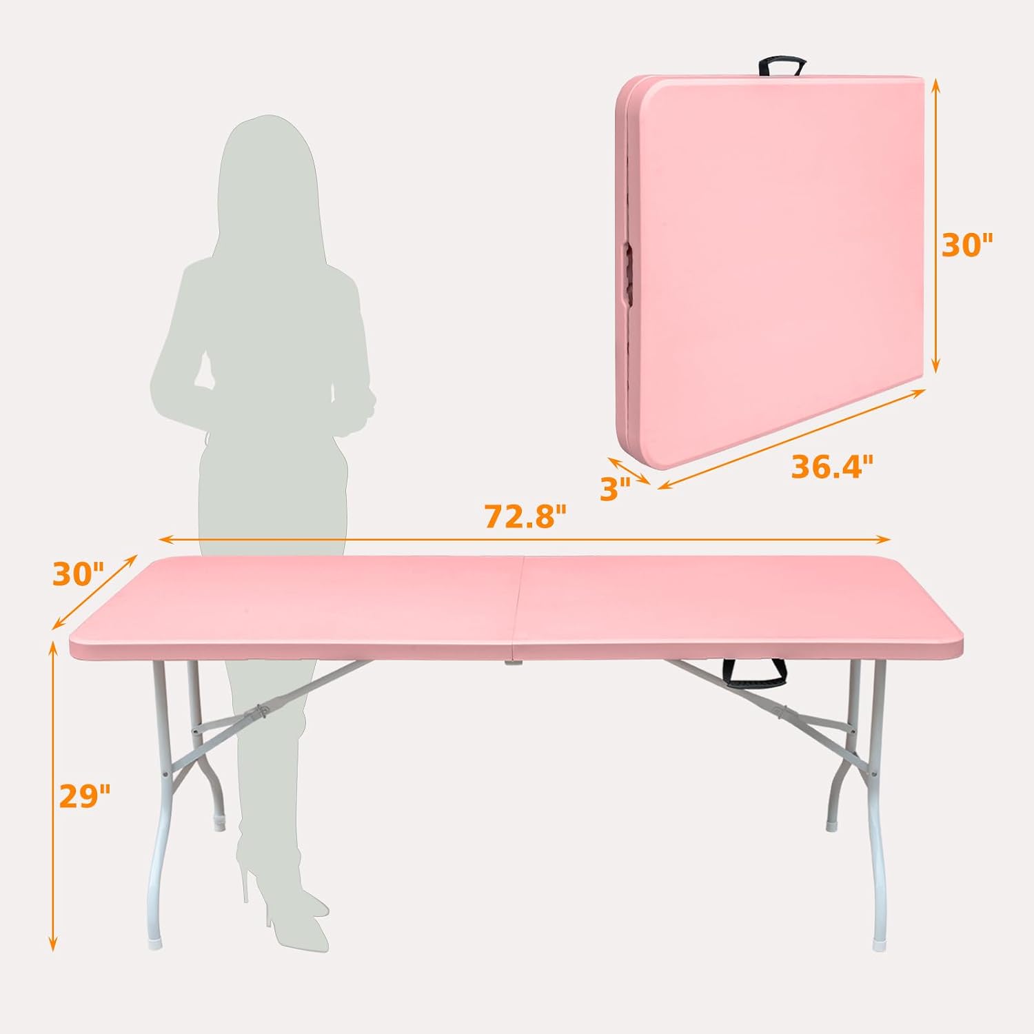 6 FT Folding Table with Carry Handle, Portable Fold-in-Half Plastic Table, Rectangle Foldable Table for Indoor/Outdoor Beautiful Pink