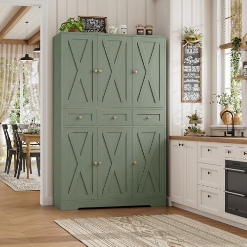 HOSTACK 67"H Farmhouse Kitchen Pantry Storage Cabinet with 3 Drawers, Green | Large Food Pantry Cabinet with Swing-Out Door Rack & Adjustable Shelf for Kitchen, Dining room, Living room