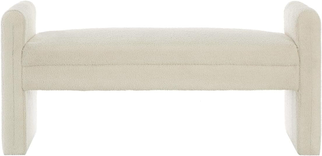 24KF Modern Upholstered Bed Bench Covered with Soft Boucle Teddy Fabric, Lovely Entryway Bench Ottoman with Armrest,5062-Cream