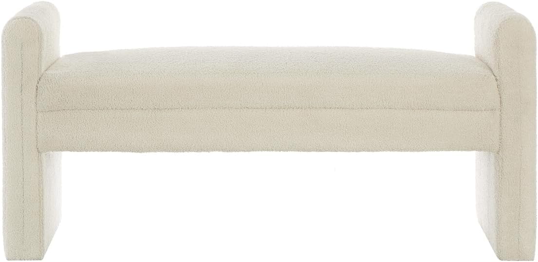 24KF Modern Upholstered Bed Bench Covered with Soft Boucle Teddy Fabric, Lovely Entryway Bench Ottoman with Armrest,5062-Cream