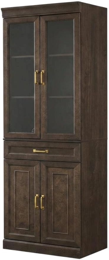 Furnifact Brown Glass Door Pantry Cabinet, Durable Construction, Anti-Tip, Secure Storage, Sleek Design, Kitchen Organization, Spacious, Easy Access