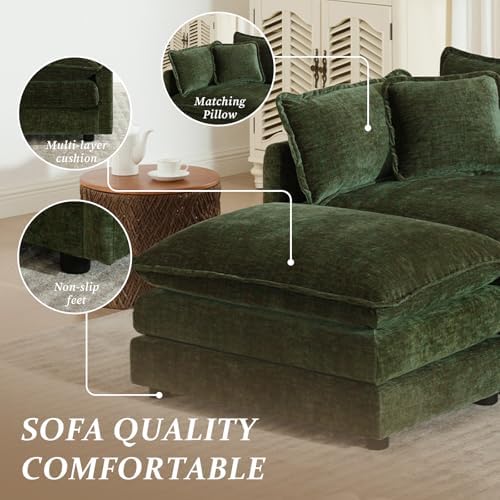 SoarFlash 137" Chenille L Shaped Modular Sofa with Ottoman,Green | Randomly Assemble Modular Sofa Sets, Modern Recliner Deep Seat Sofa Set for Living Room,Office