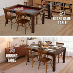 63" Solid Wood Board Game Table for Gaming/Dining, Removable Top | Gaming Table for 4–6 Players with 54" x 30.7" Play Area, Neoprene Play Mat, Leaf Storage Rack, 6 Cup Holders & Trays, Walnut