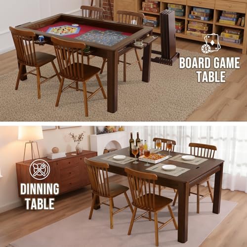 63" Solid Wood Board Game Table for Gaming/Dining, Removable Top | Gaming Table for 4–6 Players with 54" x 30.7" Play Area, Neoprene Play Mat, Leaf Storage Rack, 6 Cup Holders & Trays, Walnut