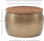 MAKLAINE Large Hammered Metal Drum Table with Storage, Brass Finish, Solid Mango Wood Top, 27.5 in Diameter, Handcrafted Accent Table for Living Room or Bedroom Use