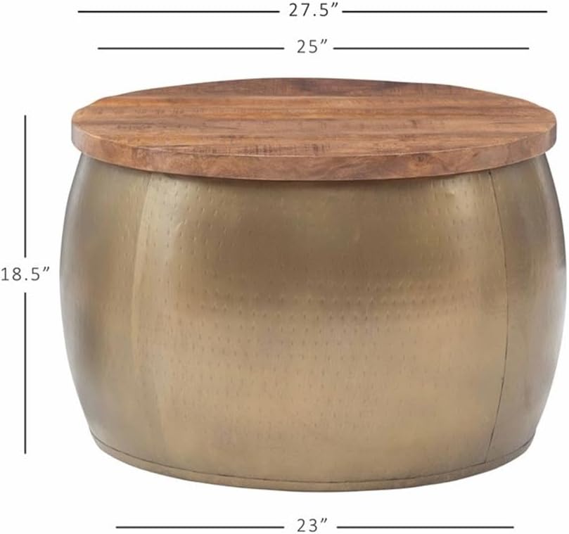 MAKLAINE Large Hammered Metal Drum Table with Storage, Brass Finish, Solid Mango Wood Top, 27.5 in Diameter, Handcrafted Accent Table for Living Room or Bedroom Use