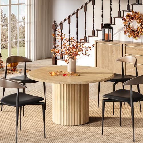 LITTLE TREE 47 Inches Round Dining Table for 4, Farmhouse Natural Wooden Dining Room Table with Heavy Duty Fluted Pedestal, Large Circle Kitchen Dinner Table for Dining Room, Living Room (Table Only)