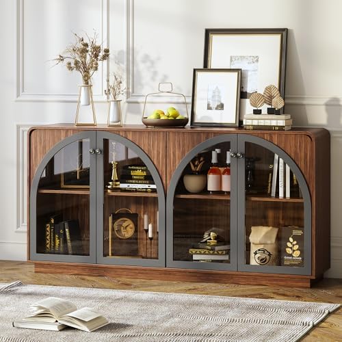 Sideboard Buffet Cabinet with Storage, 68" Walnut Credenza Accent Cabinet Buffet Table w/4 Arched Glass Doors & LED Light, Modern Coffee Bar Liquor Cabinet w/2 Shelves for Kitchen Entryway