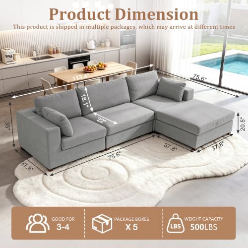 Oversized L Shaped Sectional Couch for Living Room, Extra Wide Deep Seat Couch with Covers Removable, Modern Luxury Chenille Modular Sectional Sofa, Cloud Couch for Apartment, Light Gray