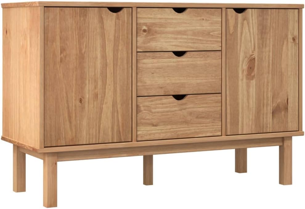Scandinavian Sideboard Solid Pine Wood Engineered Wood Medium Large Brown 4 Pieces with 3 Drawers 2 Doors for Living Room Dining Area Storage