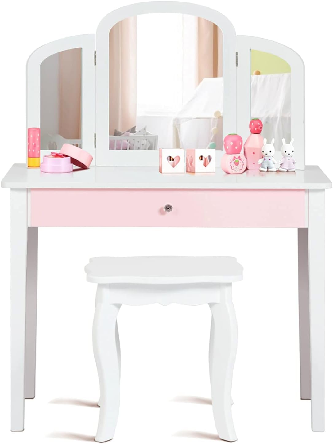 HONEY JOY Kids Vanity Set, Toddler Beauty Makeup Dressing Table w/Stool & Drawer, Tri-Fold Silver Mirror, Detachable Top, Wooden Princess Pretend Play Vanity Set for Little Girls (White)