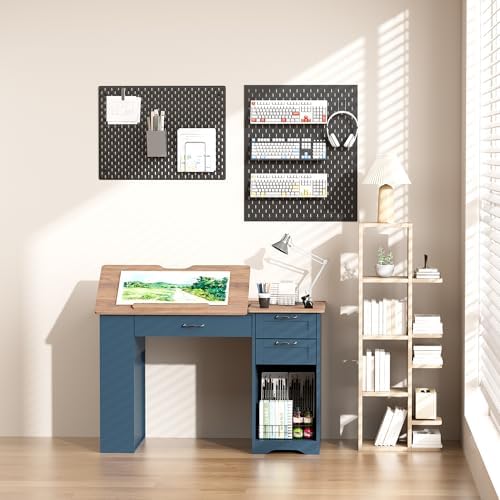 Drafting Table with Storage Cabinet & Drawers, Adjustable Drawing Desk with Open Shelves, Craft Table Painting Desk for Artists, Painters, Drawing, Crafting, Reading, Writing, Working (Blue)