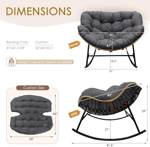 NICESOUL Outdoor Rocking Papasan Chair Set of 2 with Cushions, Comfy Oversized Padded Rockers, 2 Person Wicker Egg Gliders, 450Lbs Wide Recliner Lounge for Bedroom, Living Room, Porch, Balcony, Grey
