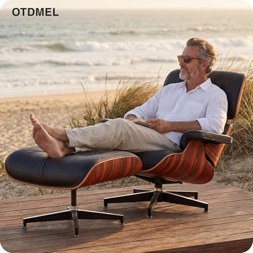 Mid Century Modern Top Grain Leather Chaise Lounge Chair & Ottoman | Modern Classic Recliner with Heavy Duty Base, Fixed Tilting for Living Room, Study, Lounge & Office, Palisander Black