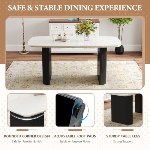 Ebullient White Dining Table Set for 8, 67'' Marble Oval Dining Table Set with 8 Metal Chairs, 3.5'' Thick Marble-Grain Top and Matte Black Wood Base, Space-Saving 9 Piece Kitchen Table Set