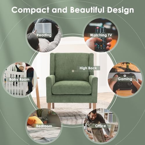COLAMY Modern Wingback Living Room Chair, Upholstered Fabric Accent Armchair, Single Sofa Chair with Lounge Seat and Wood Legs for Bedroom/Office/Reading Spaces, Green