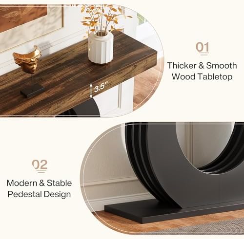 Tribesigns 63-Inch Console Sofa Table, Rustic Industrial Farmhouse Entryway Table, Narrow Long Couch Console Behind Sofa with Black Circle Base for Living Room Hallway, Rustic Brown