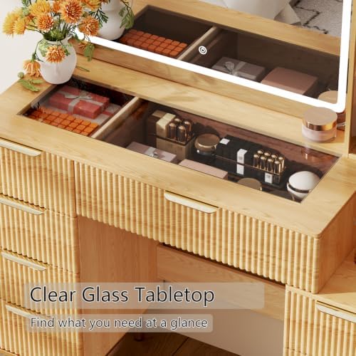 Chrangmay Modern Vanity Desk with 31.5" Mirror and Lights,Makeup Vanity Table with 8 Drawers,Makeup Desk with Power Outlet,Nightstand,Dressing Table for Bedroom,Women and Girls,Oak