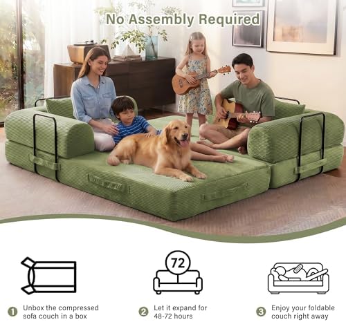79" Convertible Sofa Bed, Sleeper Futon Couch for Living Room | 5-in-1 Sleeper Sofa, Pull Out Couches with Soft Corduroy, No Assembly Required, Apartment Friendly, Light Green