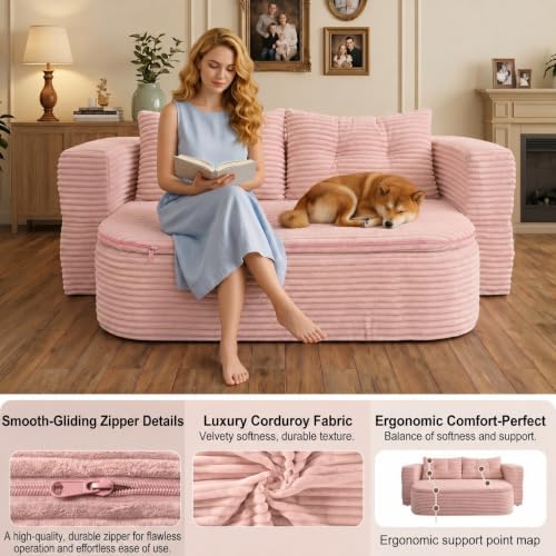 78.7" Futon Sofa Bed, Memory Foam Convertible Couch, Pink | Sophisticated comfort with premium corduroy, one-flip conversion, built-in blanket, and ergonomic support