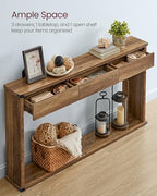 VASAGLE 47.2" Console Table with 3 Drawers, Entryway Table, Bottom Shelf | Narrow Sofa Table Behind Couch, Metal Corners, for Living Room, Bedroom, Farmhouse Style, Honey Brown ULNT143KB01S