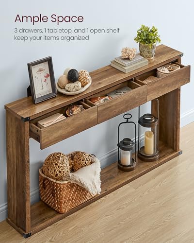 VASAGLE 47.2" Console Table with 3 Drawers, Entryway Table, Bottom Shelf | Narrow Sofa Table Behind Couch, Metal Corners, for Living Room, Bedroom, Farmhouse Style, Honey Brown ULNT143KB01S