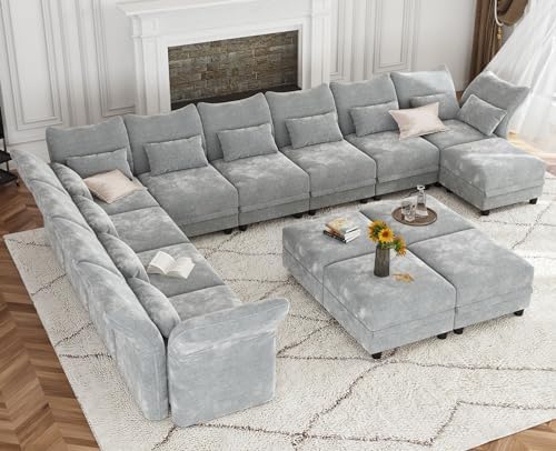 LLappuil Chenille Sectional Sofa Large U Shaped Modular Sofa with Storage Ottoman, 14 Piece Sectioanl Couches for Living Room, Adjustable Arms, Grey