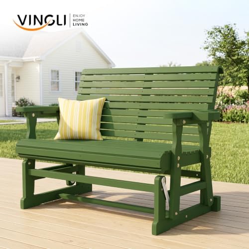 VINGLI Outdoor Glider Wood Patio Chair with Cup Holders, Outdoor Bench Glider Loveseat with Smooth Rocking Mechanism, Heavy Duty 800 LBS, Dark Green